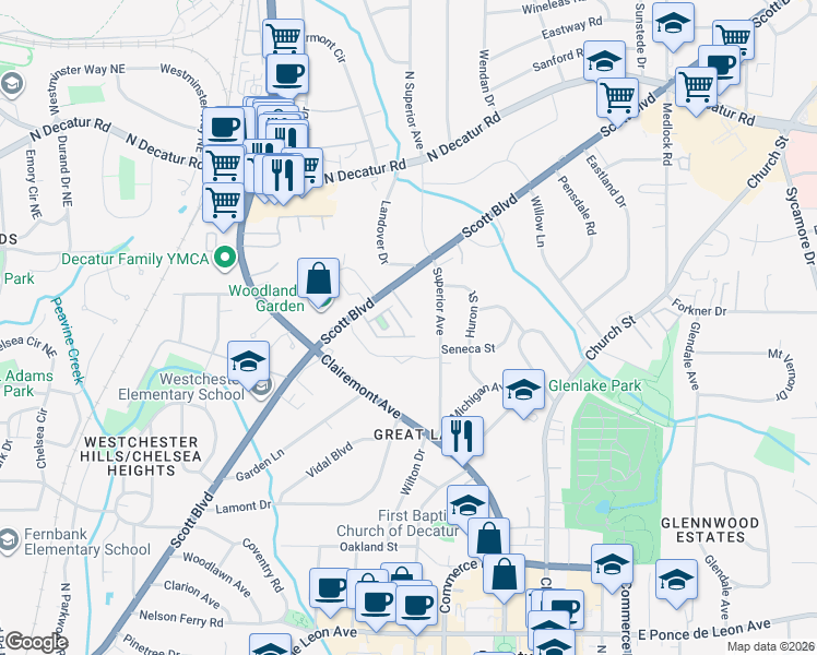 map of restaurants, bars, coffee shops, grocery stores, and more near 1031 Scott Boulevard in Decatur