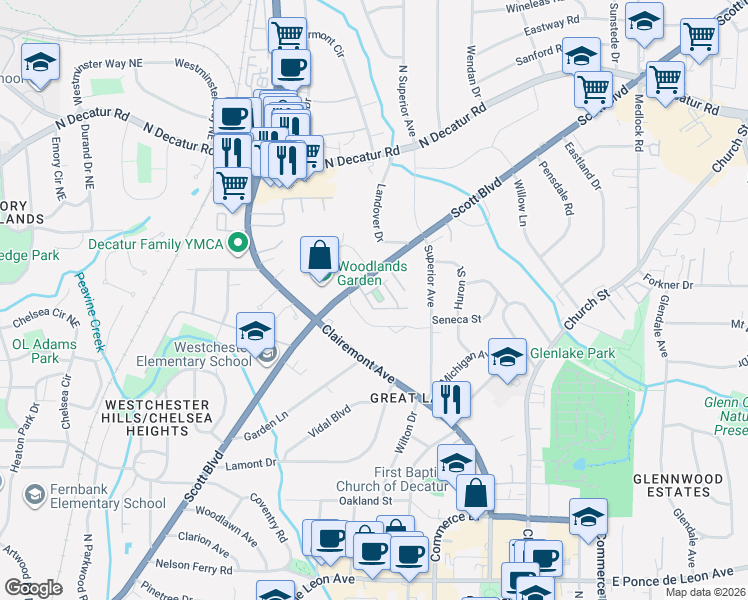 map of restaurants, bars, coffee shops, grocery stores, and more near 25 High Gate Trail in Decatur