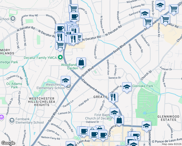map of restaurants, bars, coffee shops, grocery stores, and more near 6 Arbor Way Drive in Decatur