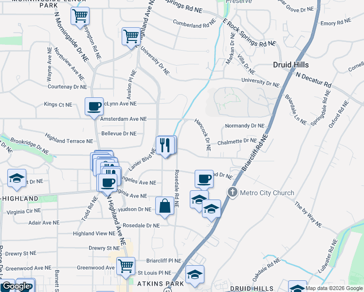 map of restaurants, bars, coffee shops, grocery stores, and more near 1145 Rosedale Road Northeast in Atlanta