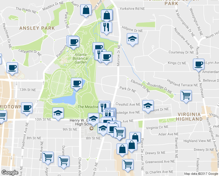 map of restaurants, bars, coffee shops, grocery stores, and more near 552 Park Drive Northeast in Atlanta