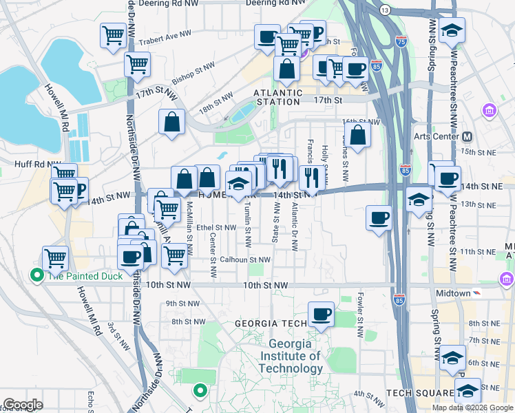 map of restaurants, bars, coffee shops, grocery stores, and more near 1128 Mecaslin Street Northwest in Atlanta