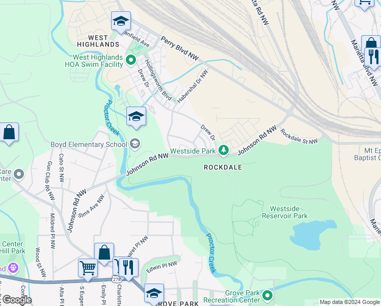 map of restaurants, bars, coffee shops, grocery stores, and more near 1783 Johnson Road Northwest in Atlanta