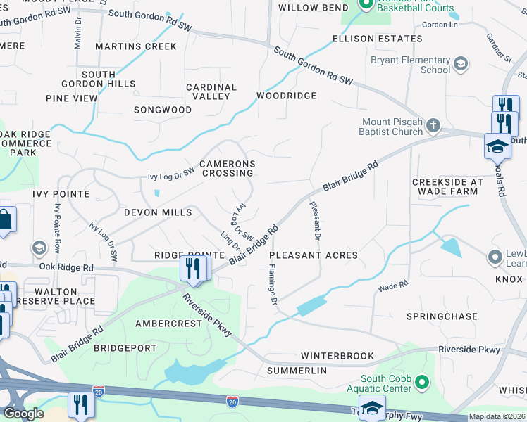 map of restaurants, bars, coffee shops, grocery stores, and more near 1196 Laurel Log Place in Austell