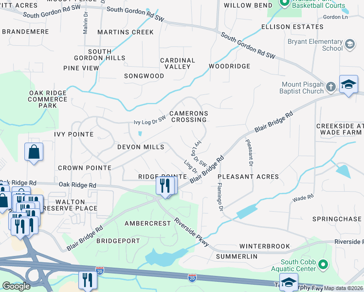 map of restaurants, bars, coffee shops, grocery stores, and more near 1146 Aspen Log Place in Austell