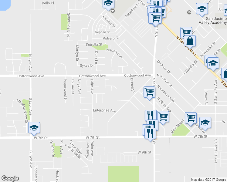 map of restaurants, bars, coffee shops, grocery stores, and more near 293 Maple Court in San Jacinto