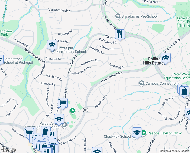 map of restaurants, bars, coffee shops, grocery stores, and more near 32 Silver Spring Drive in Rolling Hills Estates