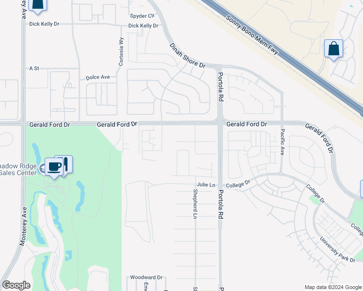 map of restaurants, bars, coffee shops, grocery stores, and more near 74071 Scholar Lane West in Palm Desert