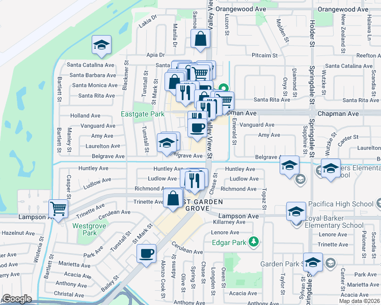 map of restaurants, bars, coffee shops, grocery stores, and more near 5901 Belgrave Avenue in Garden Grove