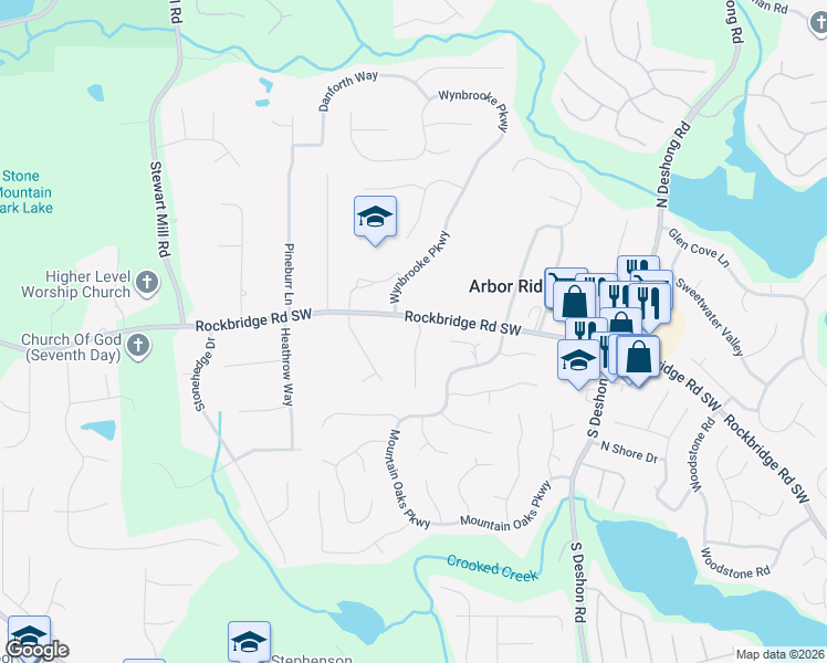 map of restaurants, bars, coffee shops, grocery stores, and more near 7027 Rockbridge Road Southwest in Stone Mountain