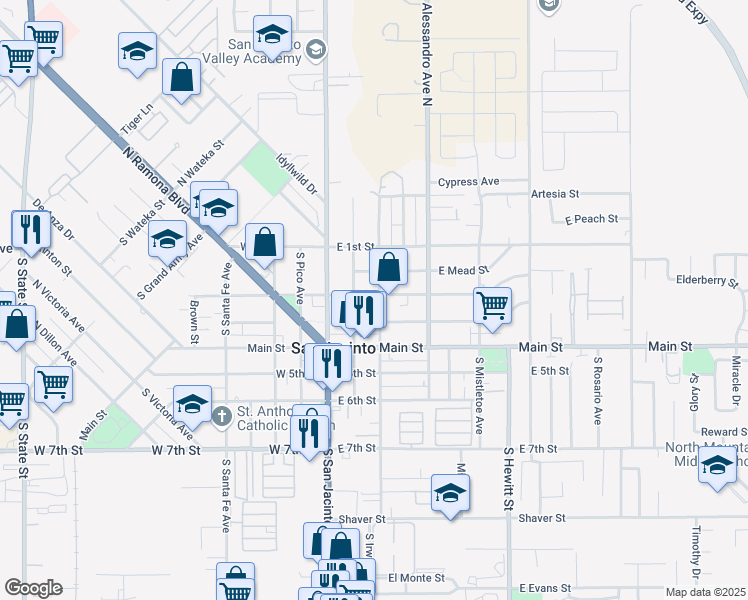 map of restaurants, bars, coffee shops, grocery stores, and more near 264 East 2nd Street in San Jacinto