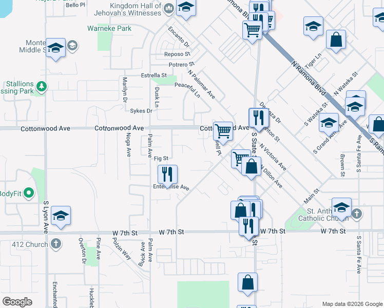 map of restaurants, bars, coffee shops, grocery stores, and more near 922 Clover Street in San Jacinto