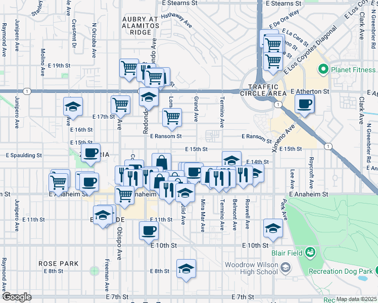 map of restaurants, bars, coffee shops, grocery stores, and more near 3720 East 15th Street in Long Beach