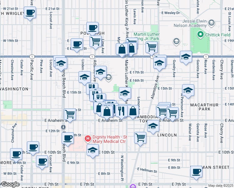 map of restaurants, bars, coffee shops, grocery stores, and more near 834 East 15th Street in Long Beach