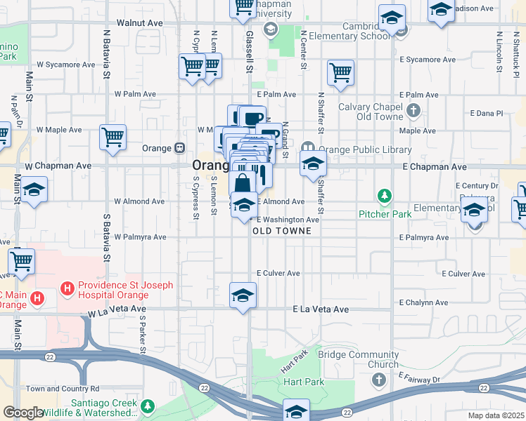 map of restaurants, bars, coffee shops, grocery stores, and more near 220 South Orange Street in Orange