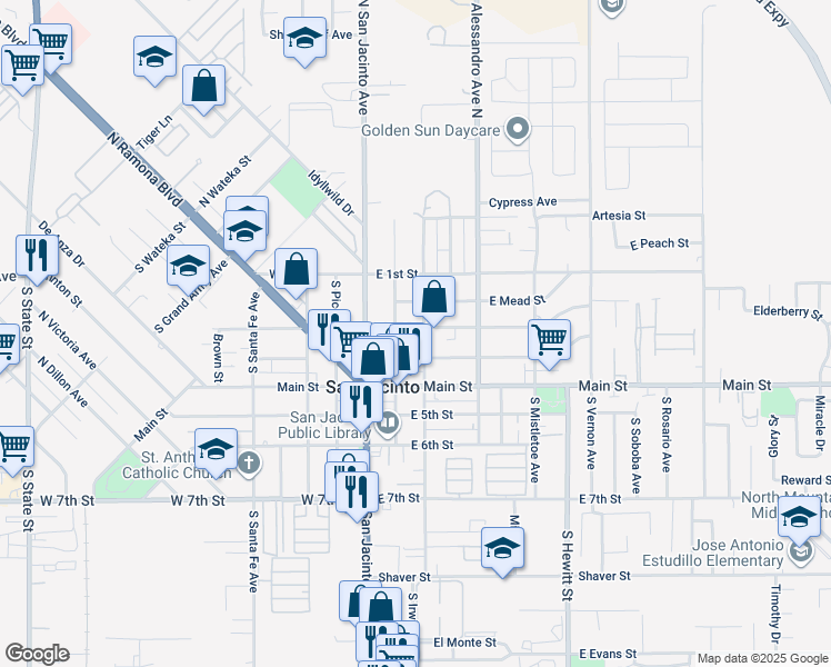 map of restaurants, bars, coffee shops, grocery stores, and more near 264 East 2nd Street in San Jacinto
