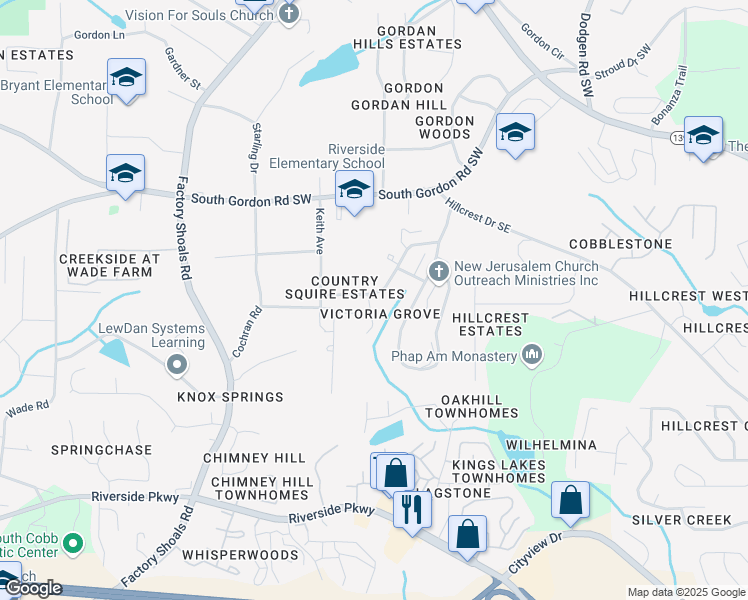 map of restaurants, bars, coffee shops, grocery stores, and more near 6913 Fairway Trail in Austell