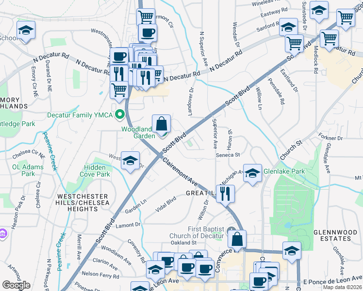 map of restaurants, bars, coffee shops, grocery stores, and more near 6 Arbor Way Drive in Decatur