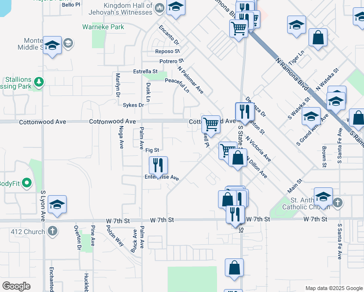 map of restaurants, bars, coffee shops, grocery stores, and more near 922 Clover Street in San Jacinto