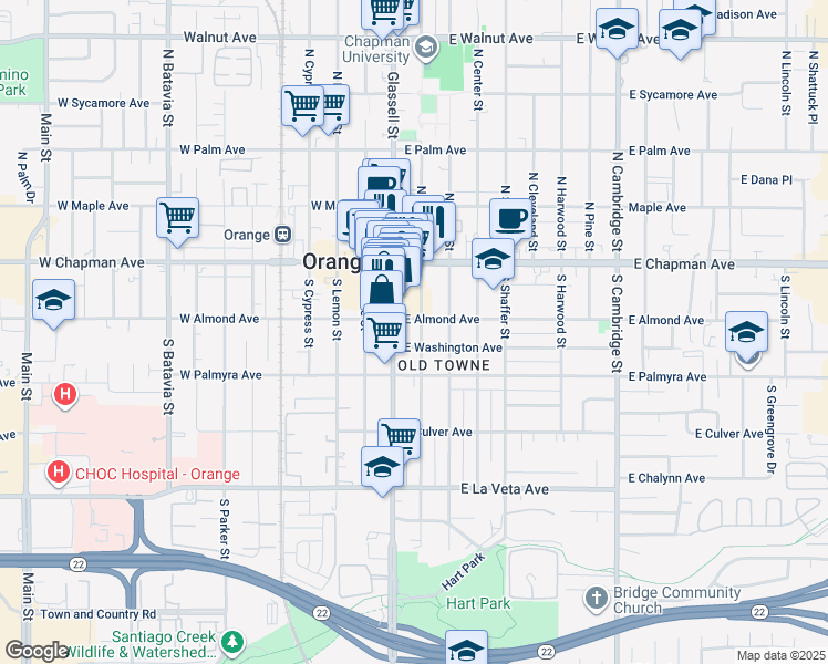 map of restaurants, bars, coffee shops, grocery stores, and more near 220 South Orange Street in Orange