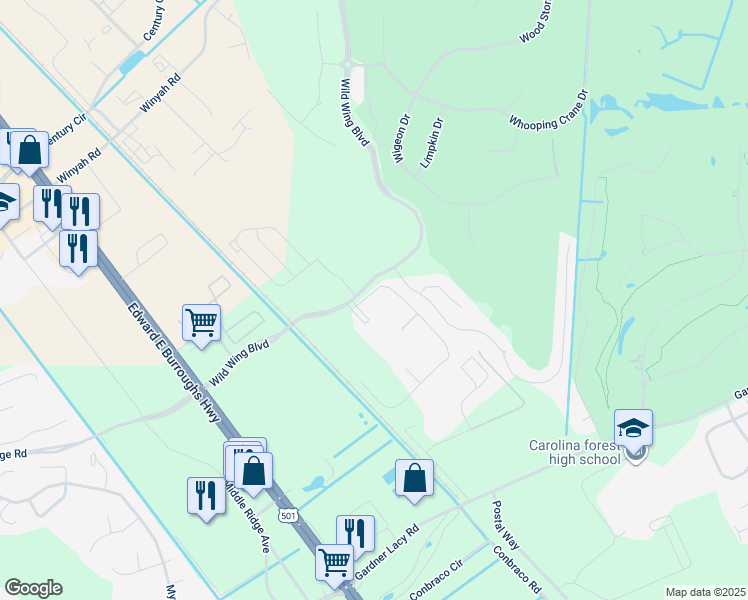 map of restaurants, bars, coffee shops, grocery stores, and more near 302 Wild Wing Boulevard in Conway
