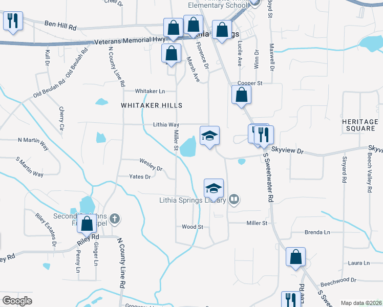 map of restaurants, bars, coffee shops, grocery stores, and more near 6906 Miller Street in Lithia Springs