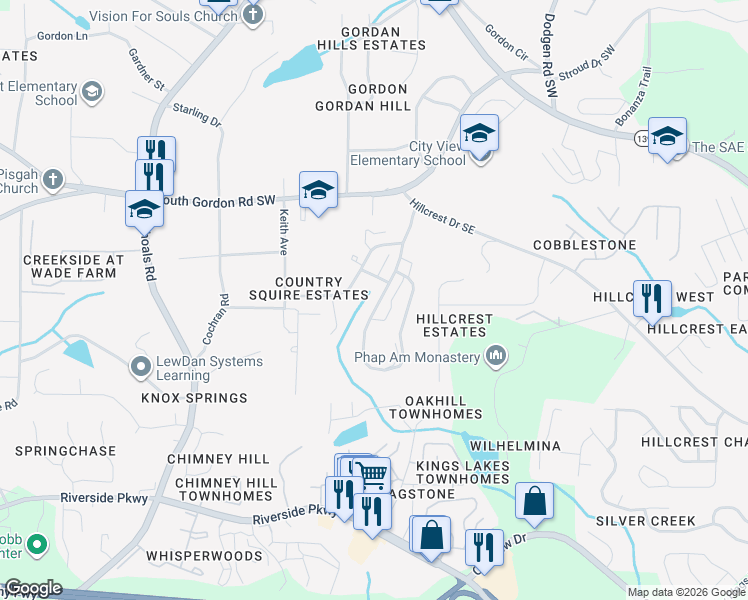 map of restaurants, bars, coffee shops, grocery stores, and more near 7010 Shenandoah Trail in Austell
