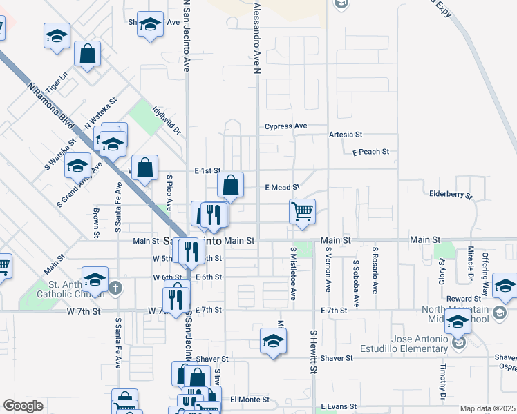 map of restaurants, bars, coffee shops, grocery stores, and more near 220 South Alessandro Avenue in San Jacinto