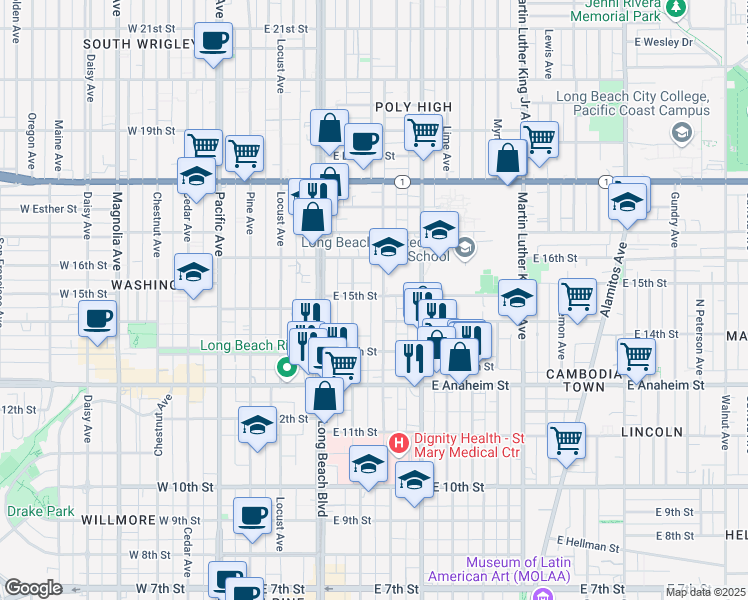 map of restaurants, bars, coffee shops, grocery stores, and more near 438 East 15th Street in Long Beach