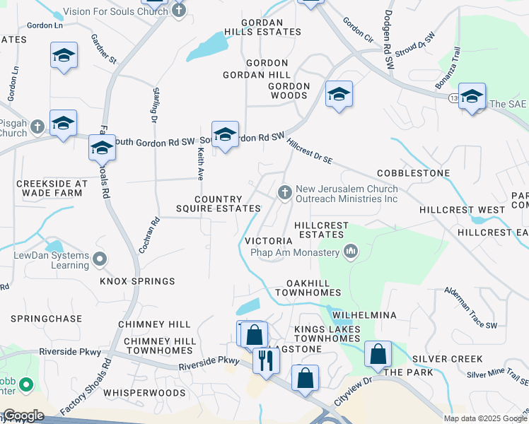 map of restaurants, bars, coffee shops, grocery stores, and more near 7010 Shenandoah Trail in Austell
