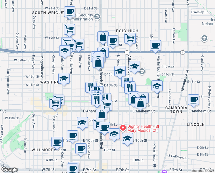 map of restaurants, bars, coffee shops, grocery stores, and more near 1497 Elm Avenue in Long Beach