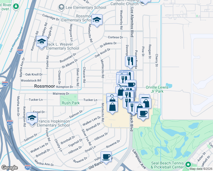 map of restaurants, bars, coffee shops, grocery stores, and more near 12200 Montecito Road in Seal Beach