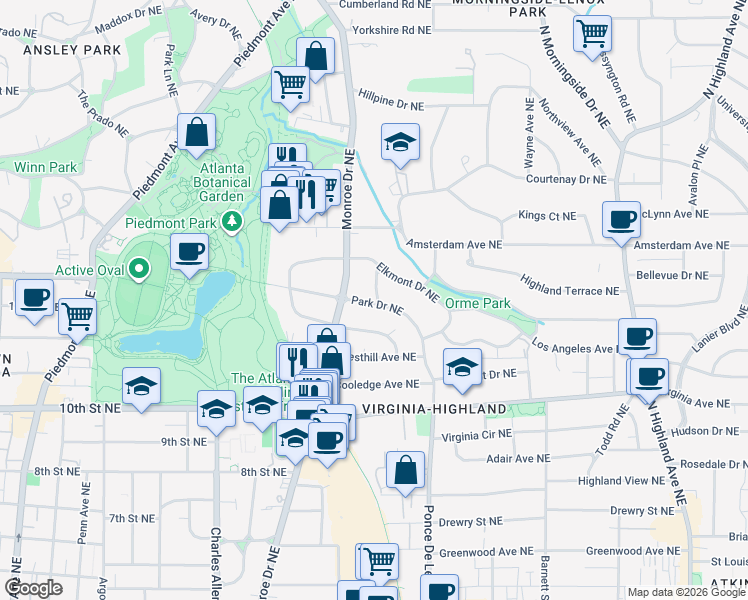map of restaurants, bars, coffee shops, grocery stores, and more near 1152 Orme Circle Northeast in Atlanta