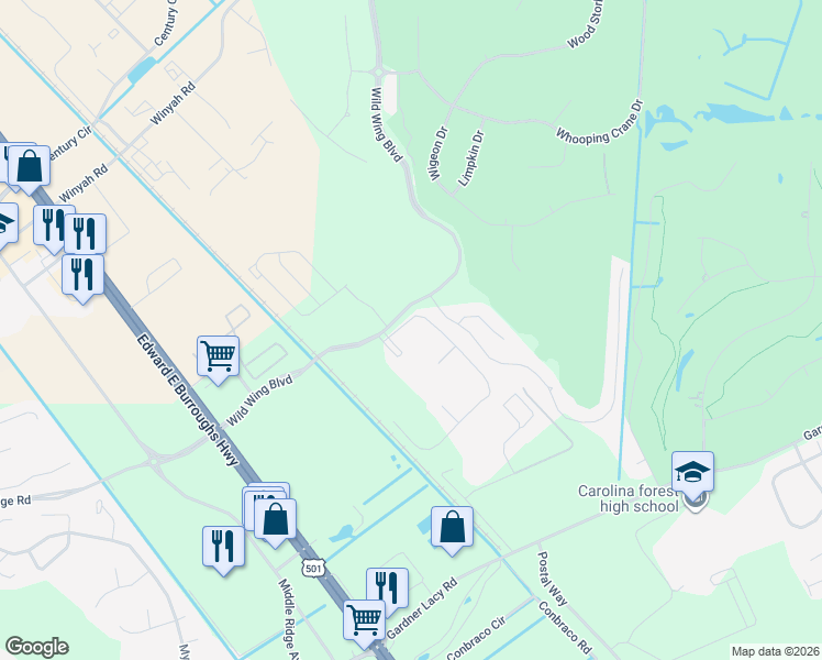 map of restaurants, bars, coffee shops, grocery stores, and more near 302 Wild Wing Boulevard in Conway