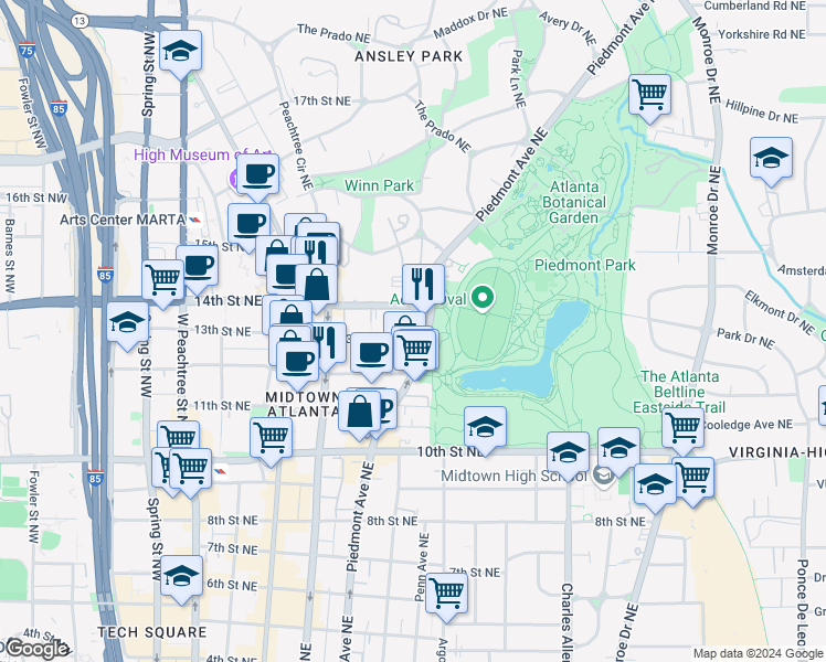 map of restaurants, bars, coffee shops, grocery stores, and more near 1130 Piedmont Avenue Northeast in Atlanta