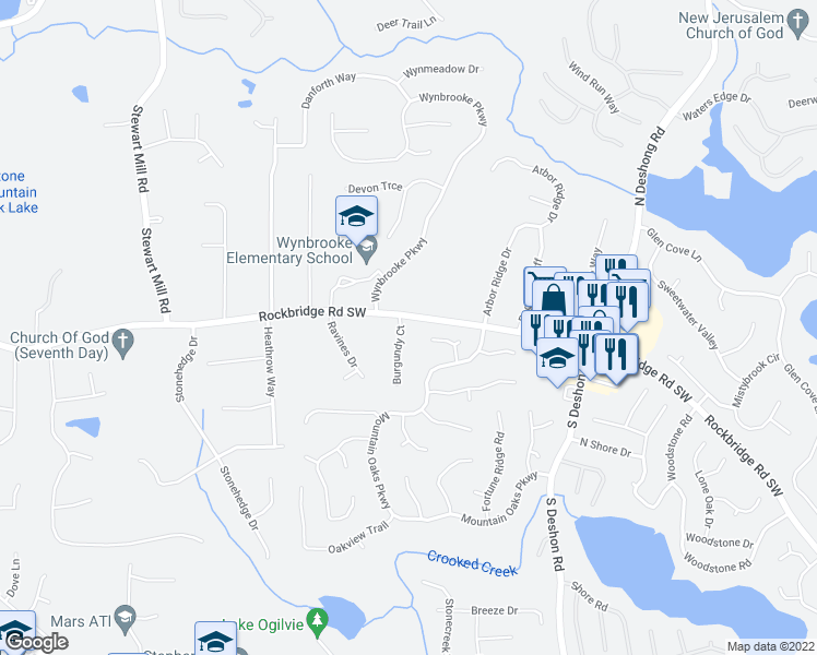 map of restaurants, bars, coffee shops, grocery stores, and more near 7027 Rockbridge Road Southwest in Stone Mountain