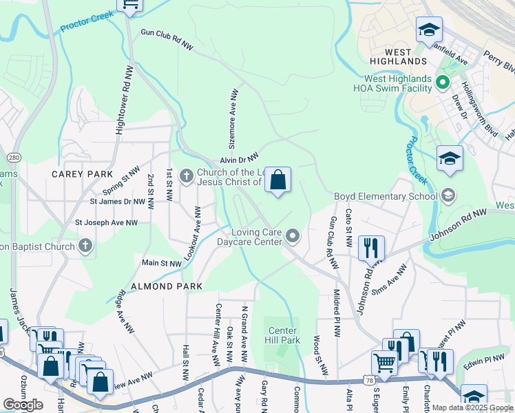 map of restaurants, bars, coffee shops, grocery stores, and more near 1127 Hollywood Road Northwest in Atlanta