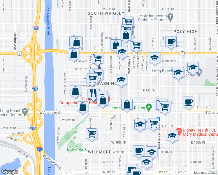 map of restaurants, bars, coffee shops, grocery stores, and more near 1471 Chestnut Avenue in Long Beach