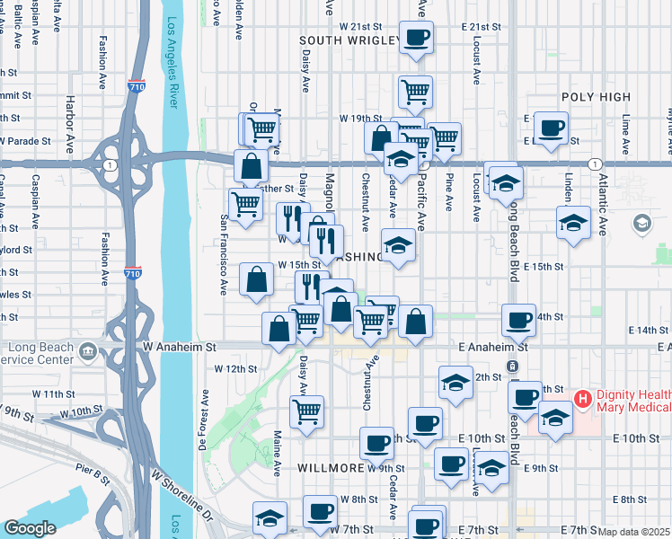 map of restaurants, bars, coffee shops, grocery stores, and more near 513 West 15th Street in Long Beach
