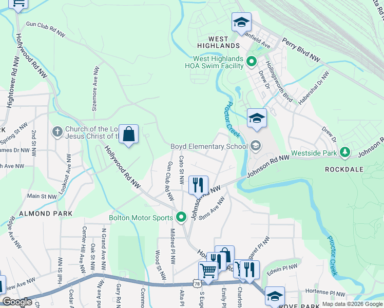 map of restaurants, bars, coffee shops, grocery stores, and more near 2060 Ruth Street Northwest in Atlanta