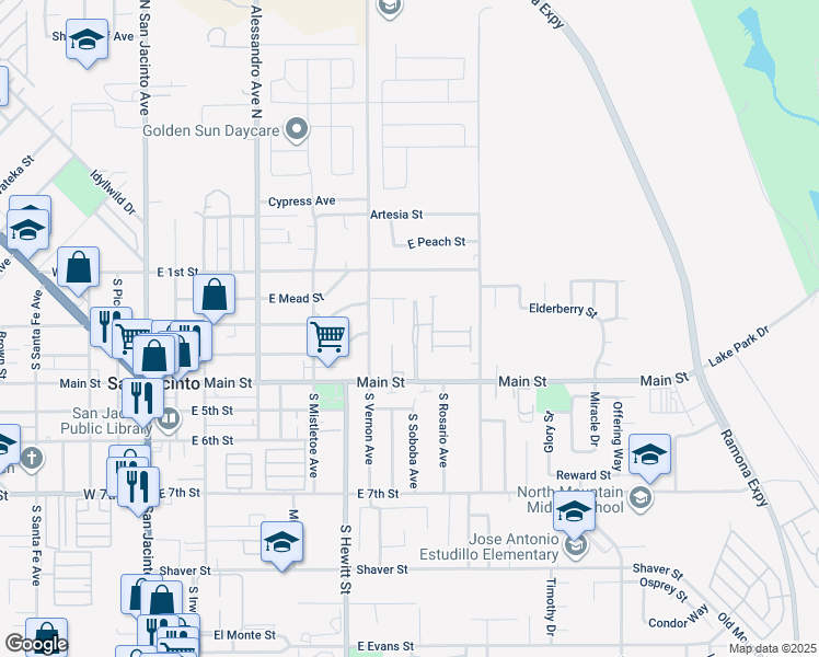 map of restaurants, bars, coffee shops, grocery stores, and more near 655 East Main Street in San Jacinto