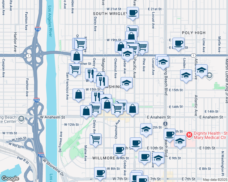 map of restaurants, bars, coffee shops, grocery stores, and more near 1486 Henderson Avenue in Long Beach