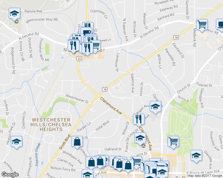 map of restaurants, bars, coffee shops, grocery stores, and more near 4 Arbor Way Drive in Decatur