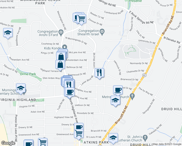 map of restaurants, bars, coffee shops, grocery stores, and more near 1136 Lanier Boulevard Northeast in Atlanta