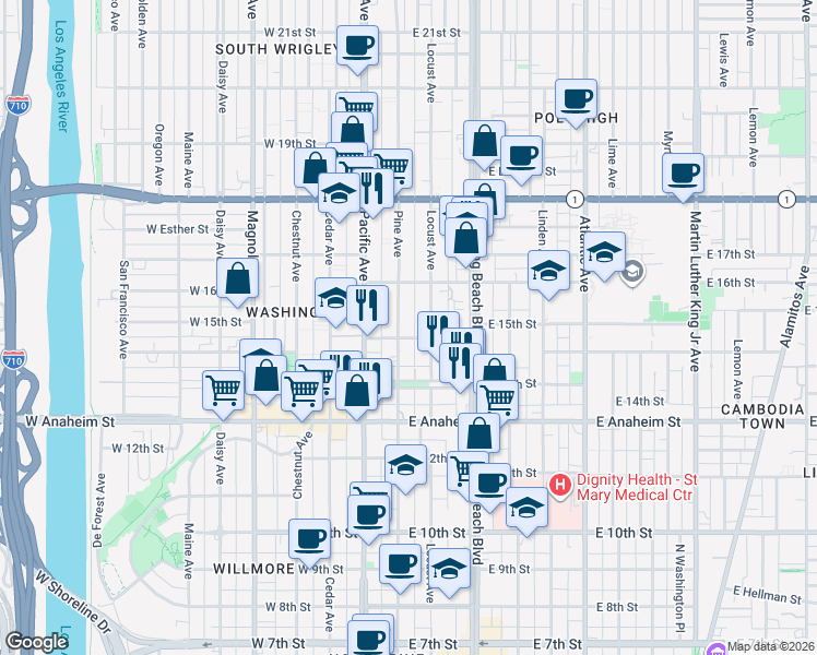 map of restaurants, bars, coffee shops, grocery stores, and more near 1537 Pine Avenue in Long Beach