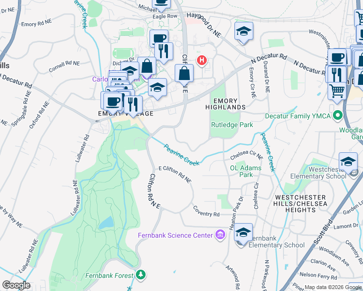 map of restaurants, bars, coffee shops, grocery stores, and more near 1656 Ridgewood Drive Northeast in Atlanta