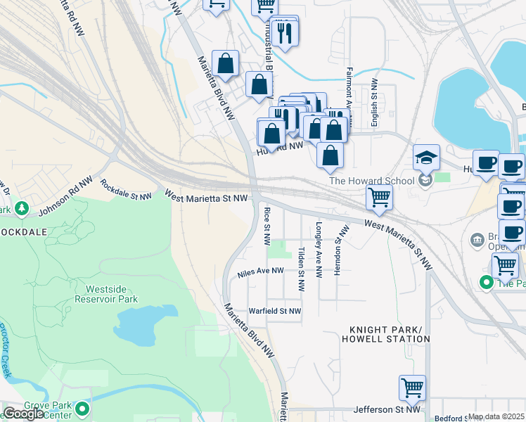 map of restaurants, bars, coffee shops, grocery stores, and more near 1122 Rice Street Northwest in Atlanta