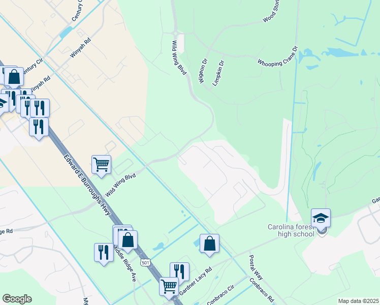map of restaurants, bars, coffee shops, grocery stores, and more near 304 Kiskadee Loop in Conway