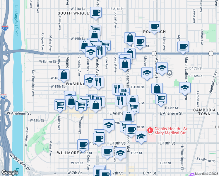 map of restaurants, bars, coffee shops, grocery stores, and more near 1500 Pine Avenue in Long Beach