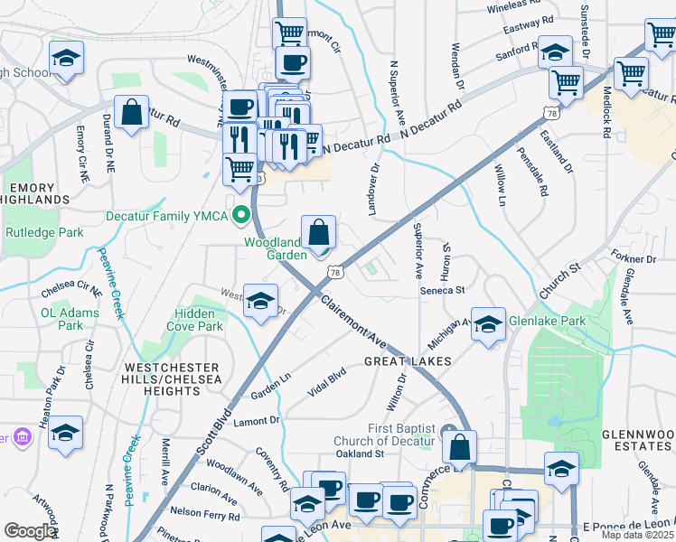 map of restaurants, bars, coffee shops, grocery stores, and more near 927 Scott Boulevard in Decatur